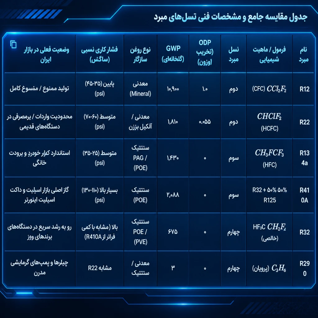 جدول مقایسه جامع مشخصات فنی گازهای مبرد کولر گازی و سیستمهای برودتی (R12، R22، R134a، R410A، R32 و R290)؛ بررسی فرمول شیمیایی، GWP، ODP و نوع روغن سازگار.