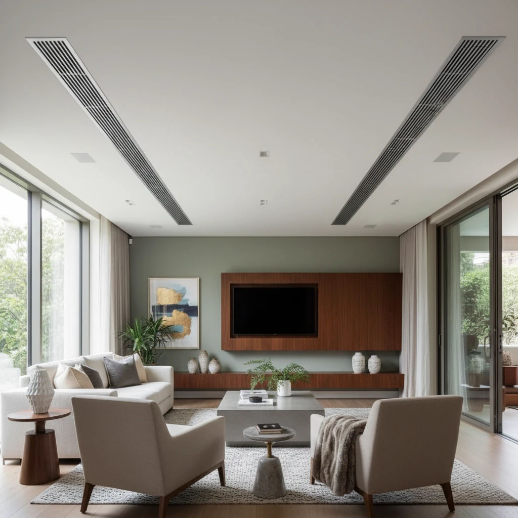 داکت اسپلیت سقفی در دفتر کار مینیمال با رنگ‌های خنثی و دیفیوزرهای خطی؛ تهویه مطبوع یکنواخت برای محیط‌های اداری — تبرید مارکت.